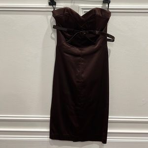 BEBE knee length silk chocolate strapless dress with faux patent leather belt